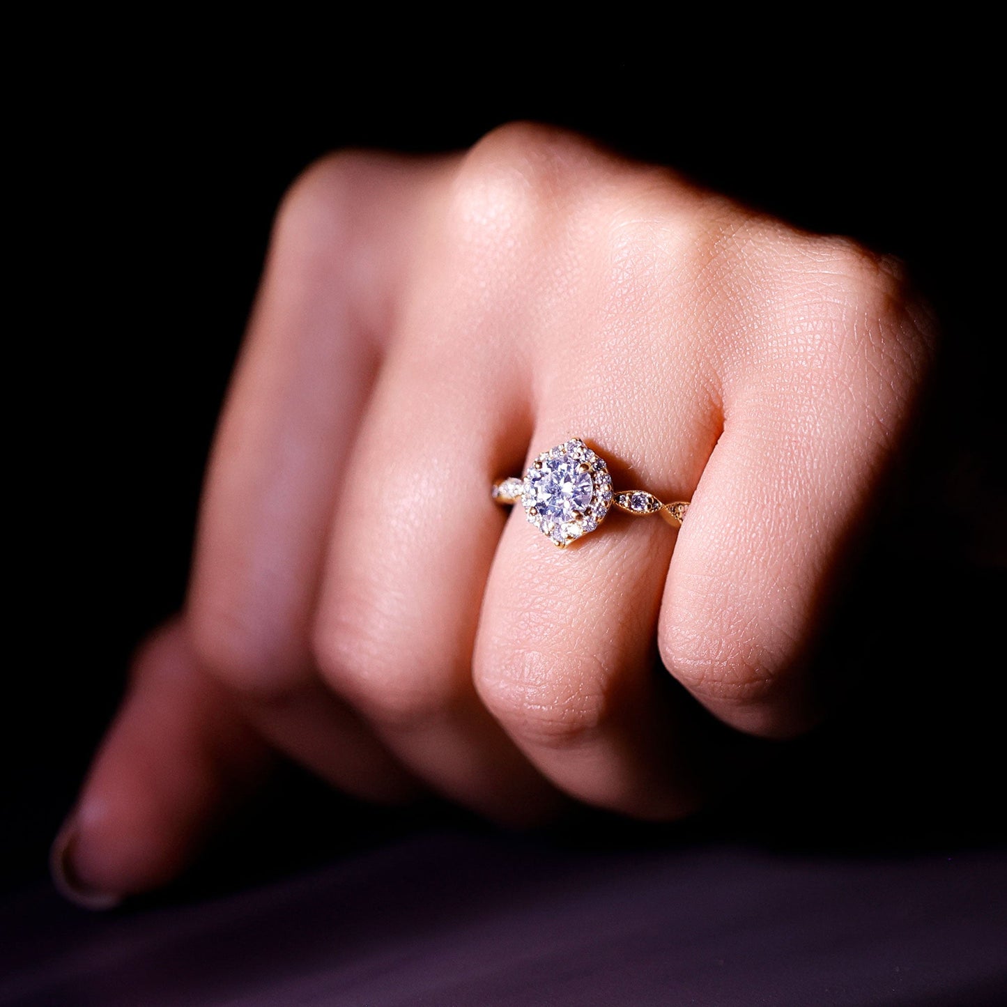 Antique Style Moissanite Halo Engagement Ring