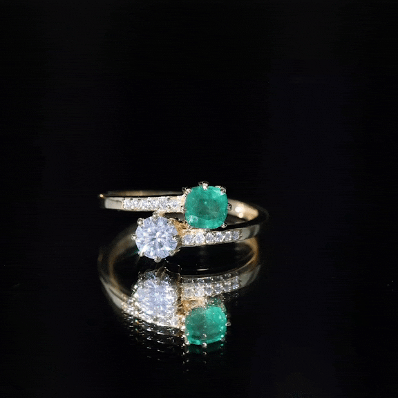 Emerald and Moissanite Two Stone Engagement Ring in Bypass Shank
