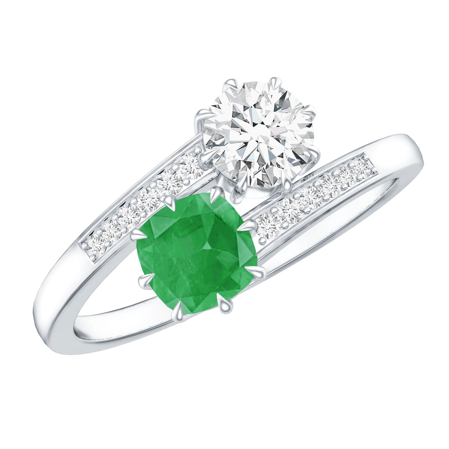 Emerald and Moissanite Two Stone Engagement Ring in Bypass Shank