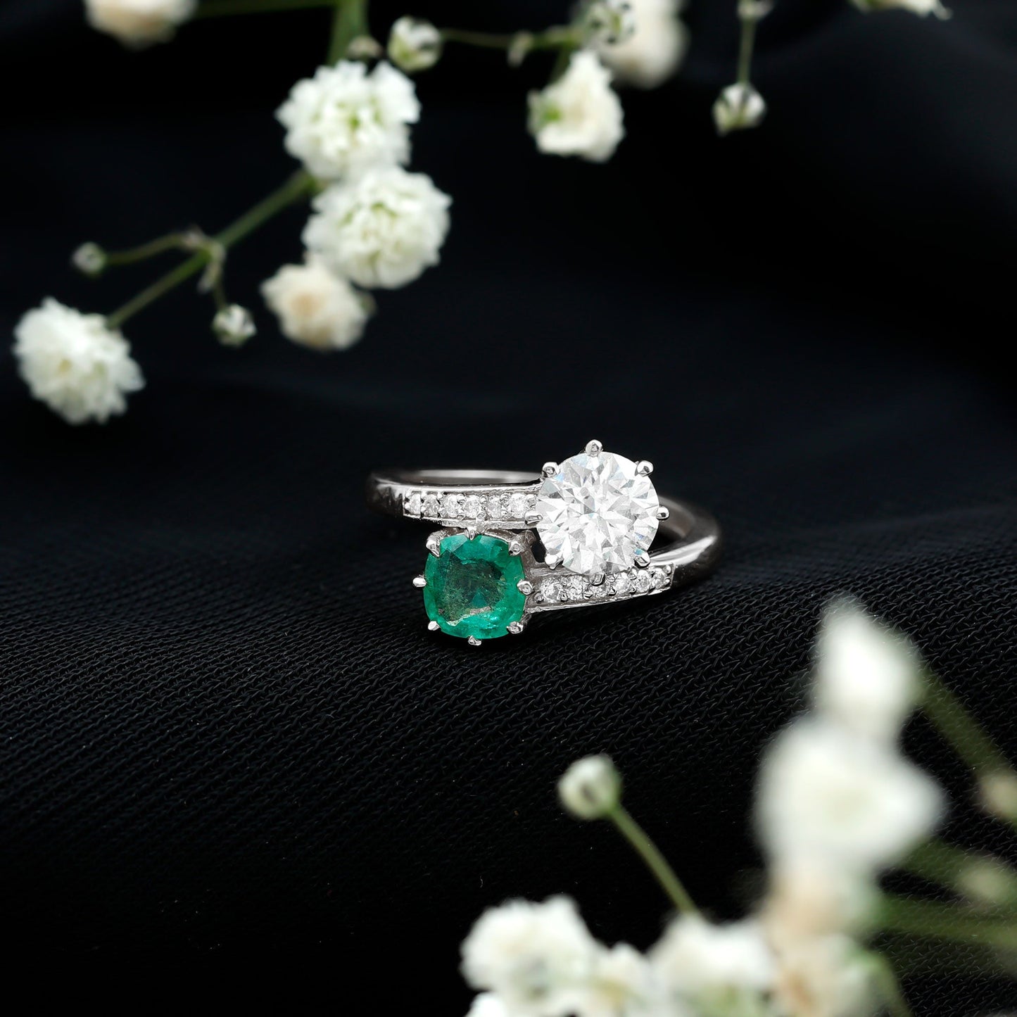 Emerald and Moissanite Two Stone Engagement Ring in Bypass Shank