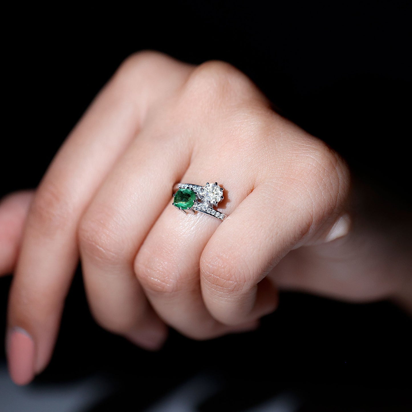Emerald and Moissanite Two Stone Engagement Ring in Bypass Shank