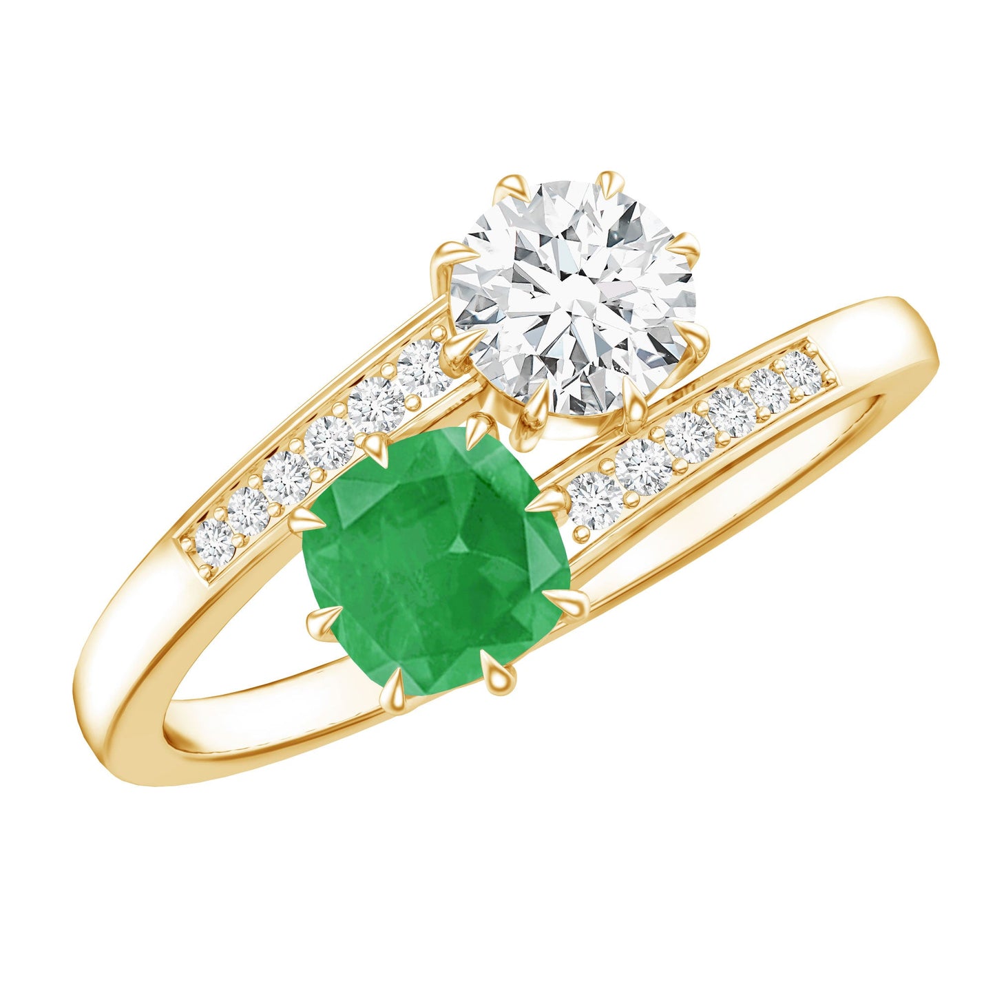 Emerald and Moissanite Two Stone Engagement Ring in Bypass Shank