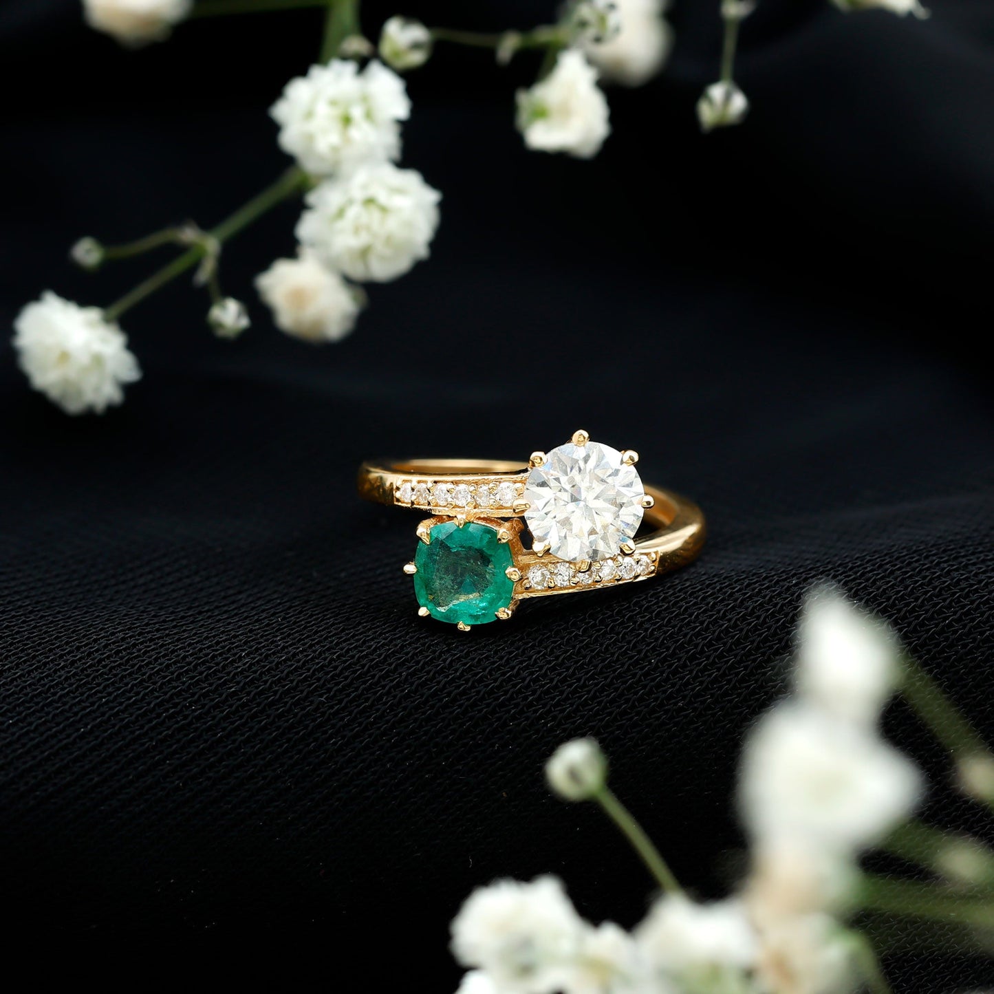 Emerald and Moissanite Two Stone Engagement Ring in Bypass Shank
