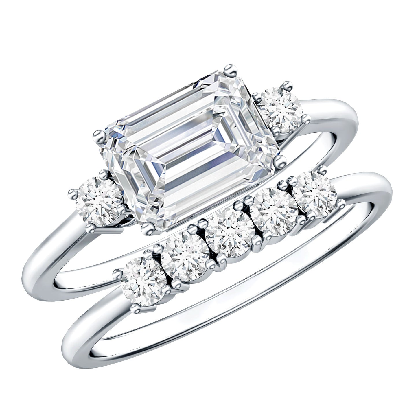 East West Emerald Cut Moissanite Engagement Ring & Wedding Band Set