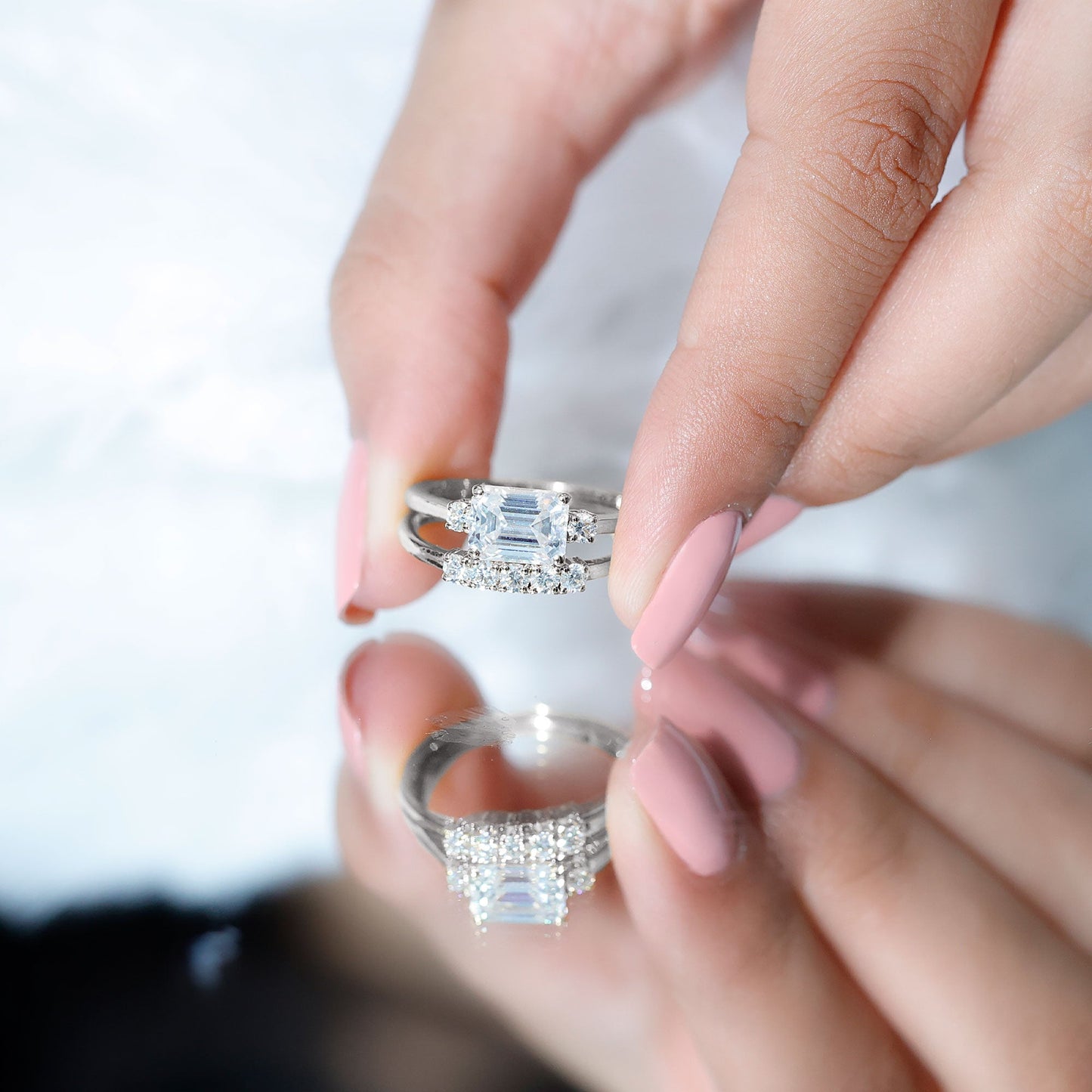 East West Emerald Cut Moissanite Engagement Ring & Wedding Band Set