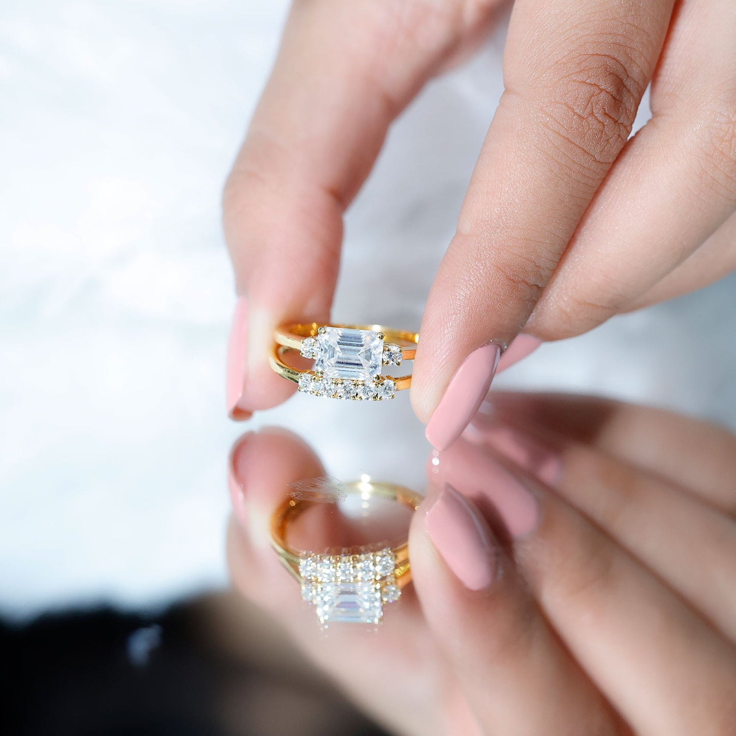 East West Emerald Cut Moissanite Engagement Ring & Wedding Band Set