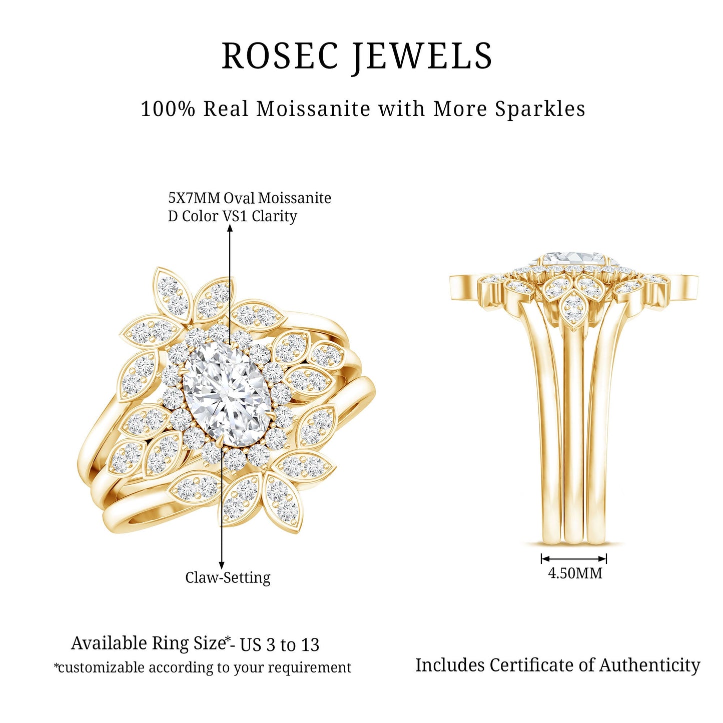 Vintage Inspired Moissanite Wedding Ring Set of 3