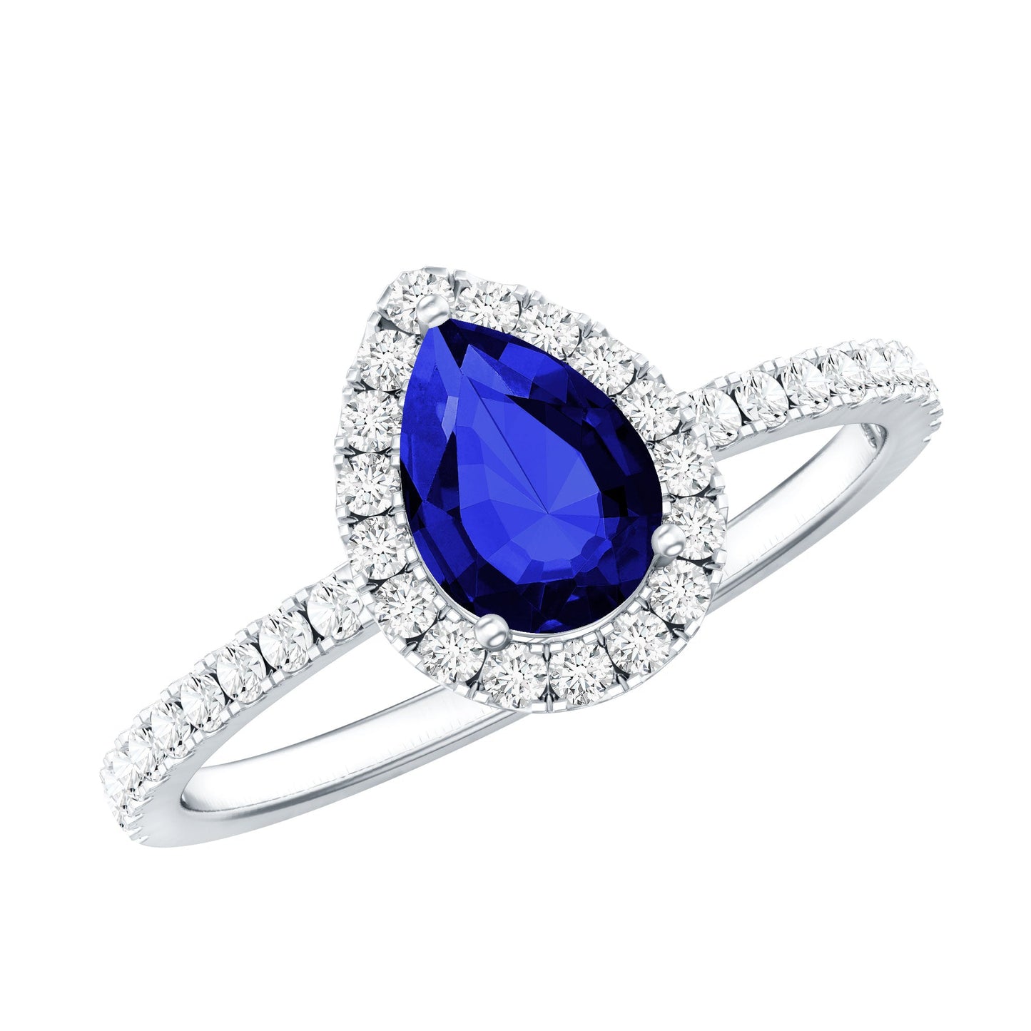 Certified 1.6 Carat Lab Grown Blue Sapphire Teardrop Engagement Ring with Diamond Halo