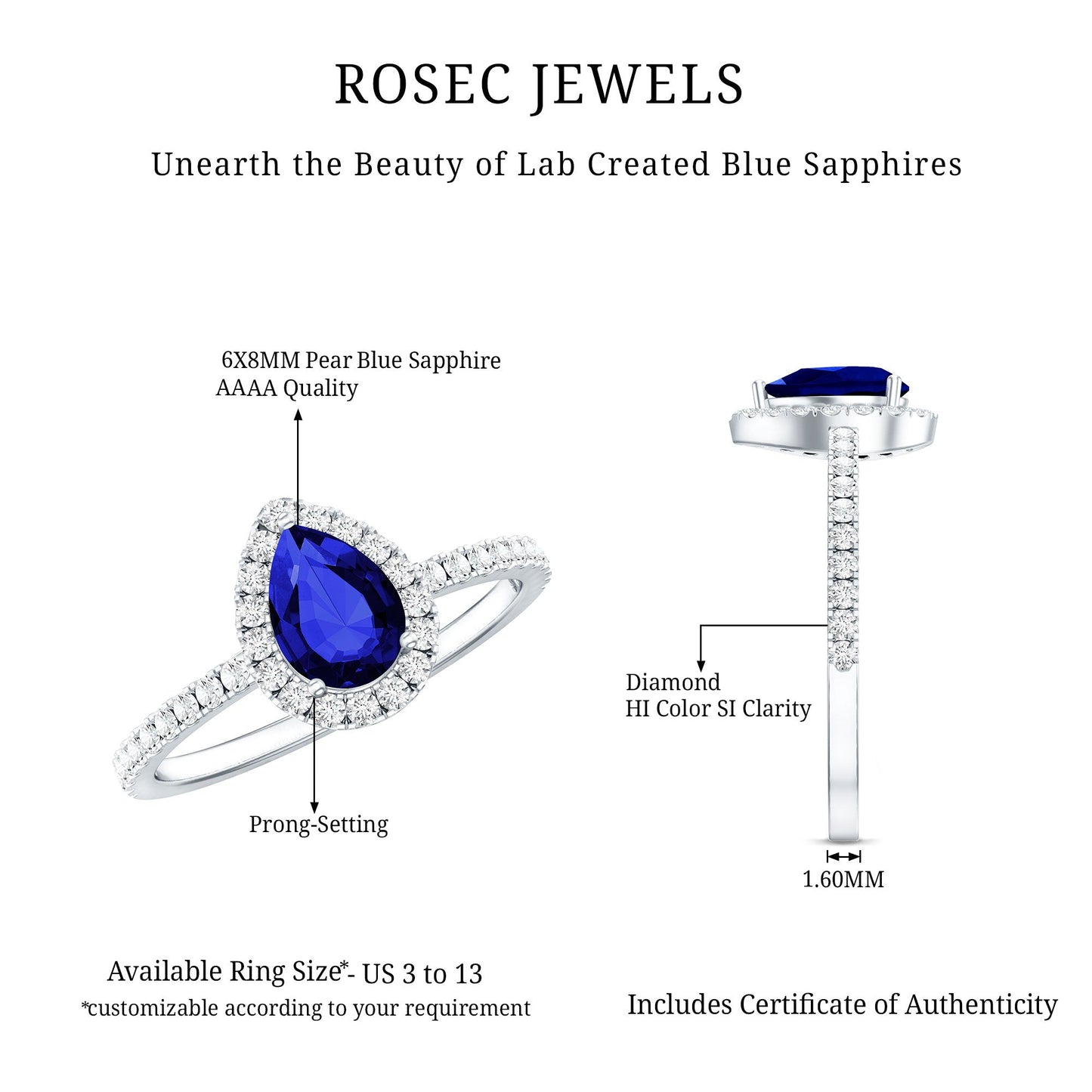 Certified 1.6 Carat Lab Grown Blue Sapphire Teardrop Engagement Ring with Diamond Halo