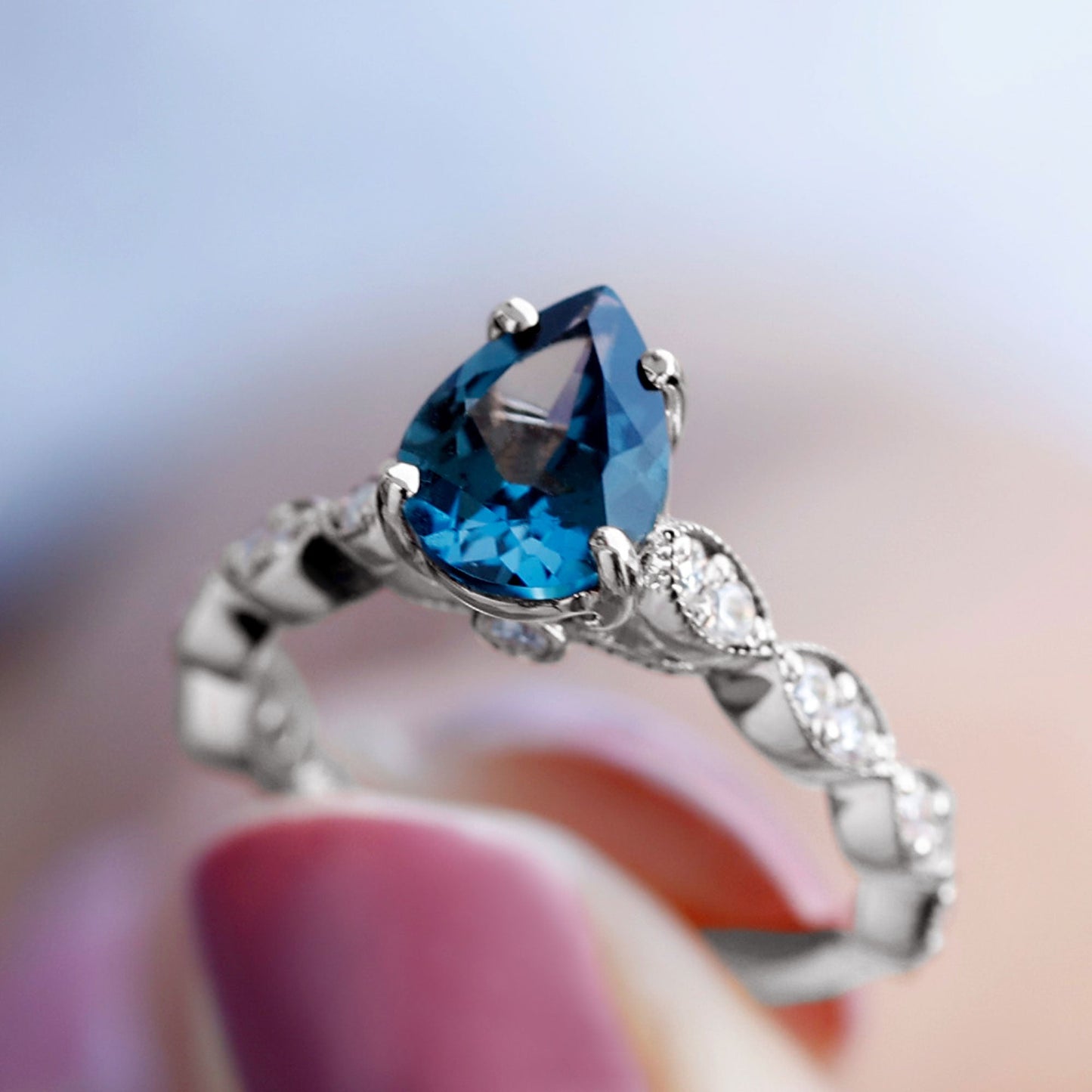 Pear Shaped London Blue Topaz and Diamond Engagement Ring For Women