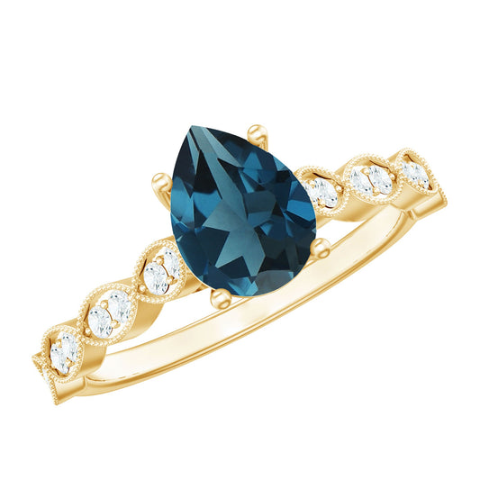 Pear Shaped London Blue Topaz and Diamond Engagement Ring For Women