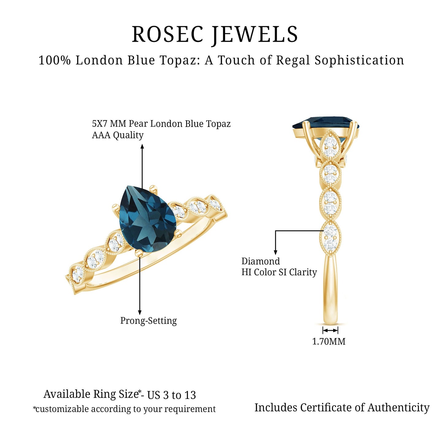 Pear Shaped London Blue Topaz and Diamond Engagement Ring For Women