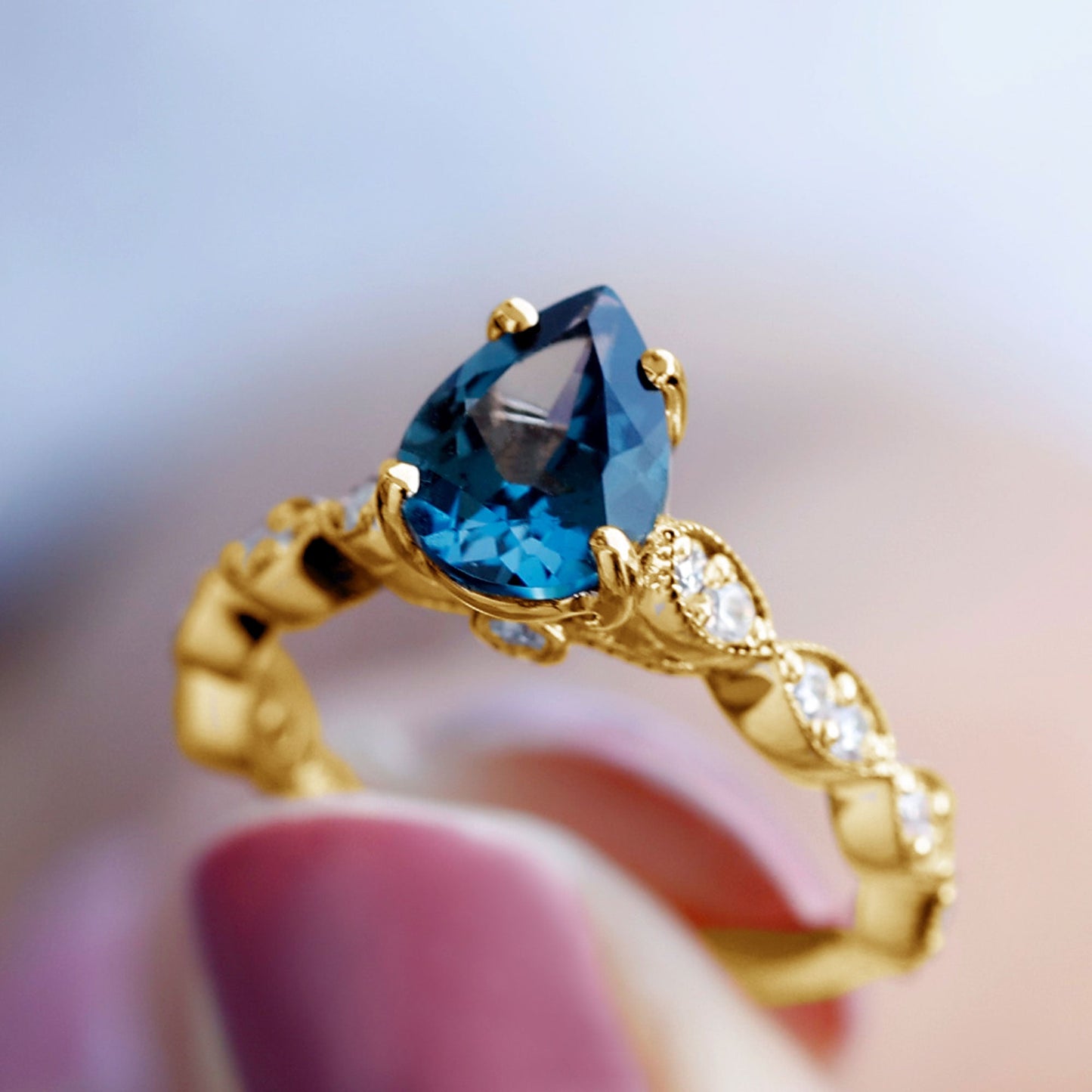 Pear Shaped London Blue Topaz and Diamond Engagement Ring For Women