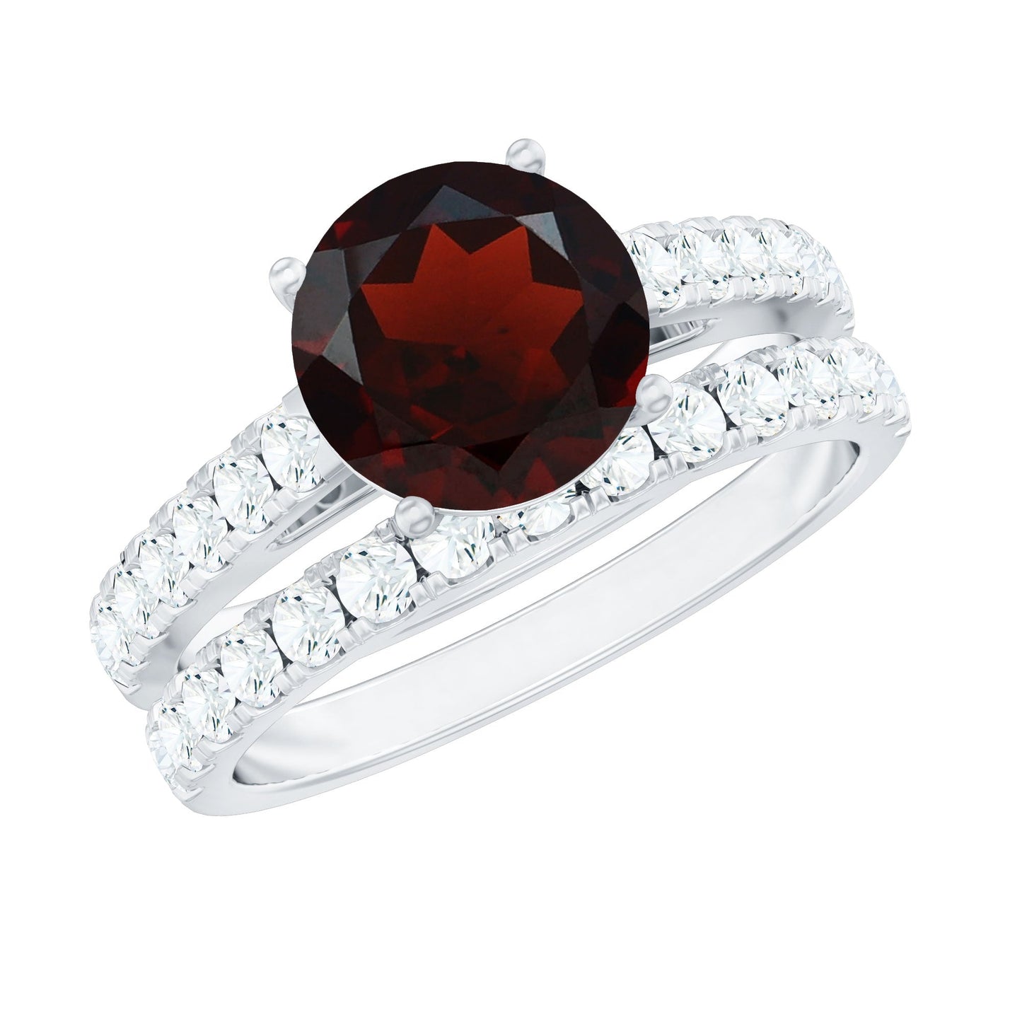 Natural 2.3 Carat Garnet Diamond Wedding Bridal Ring Set of 2