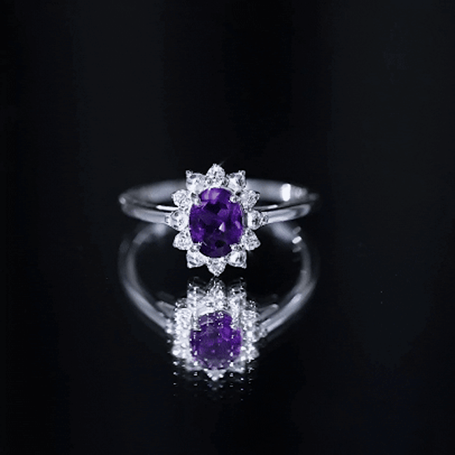 Oval Amethyst Floral Halo Engagement Ring with Diamond