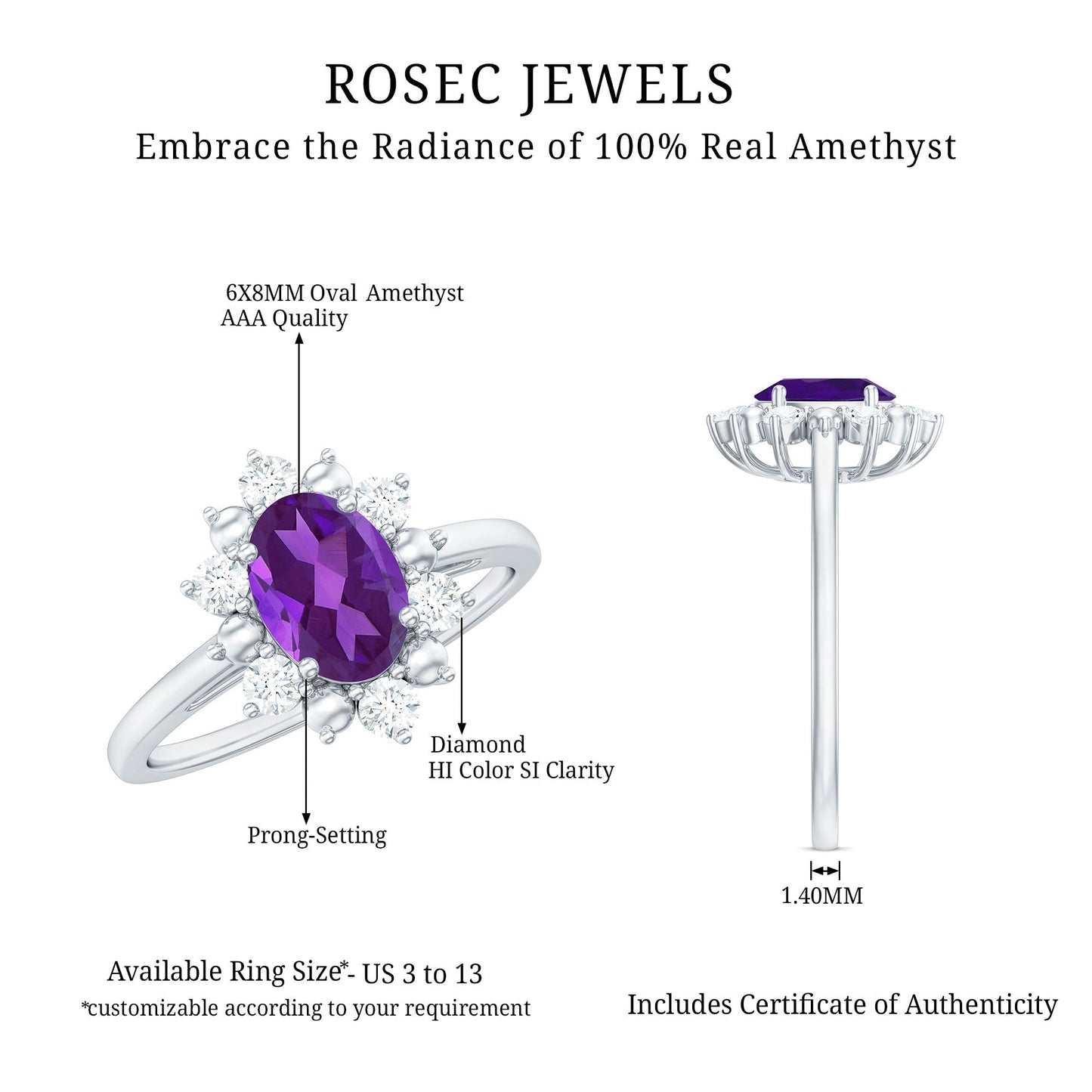 Oval Amethyst Floral Halo Engagement Ring with Diamond