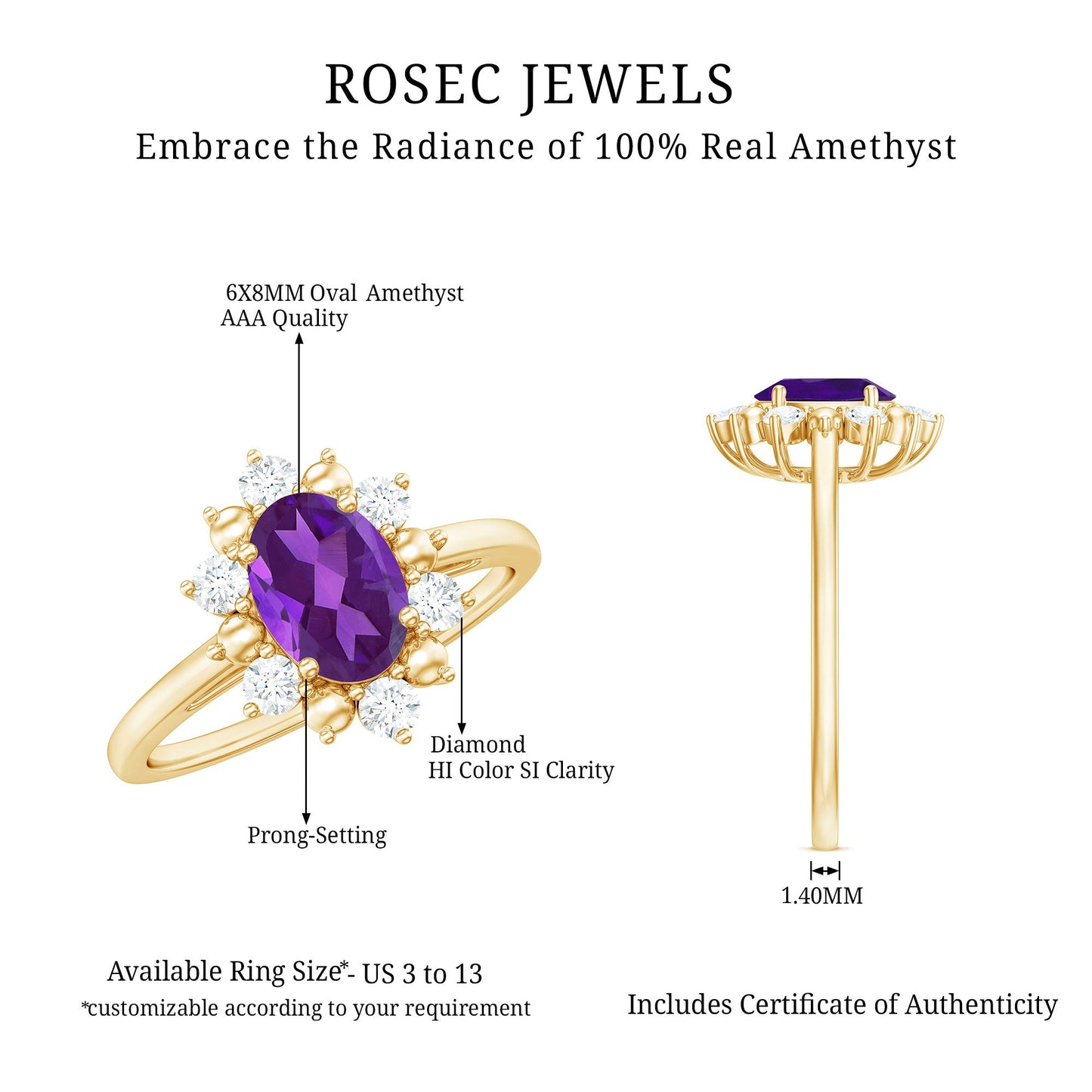 Oval Amethyst Floral Halo Engagement Ring with Diamond