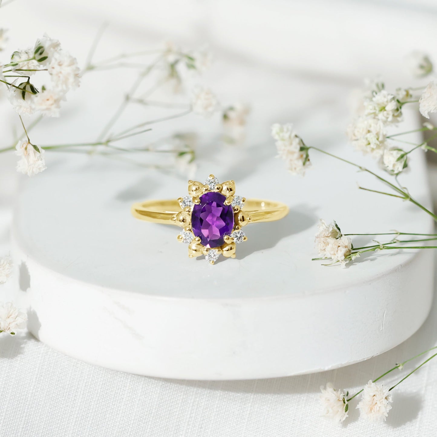 Oval Amethyst Floral Halo Engagement Ring with Diamond