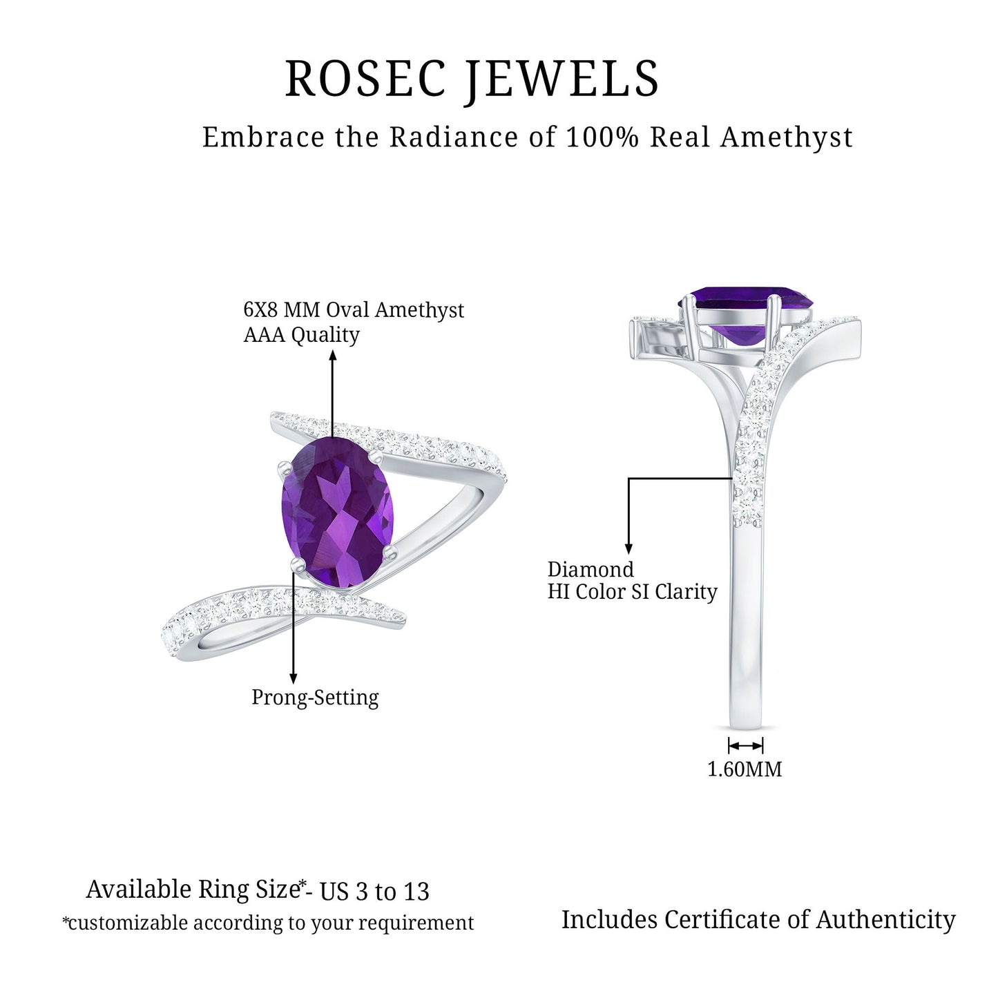Solitaire Amethyst Bypass Engagement Ring with Diamond
