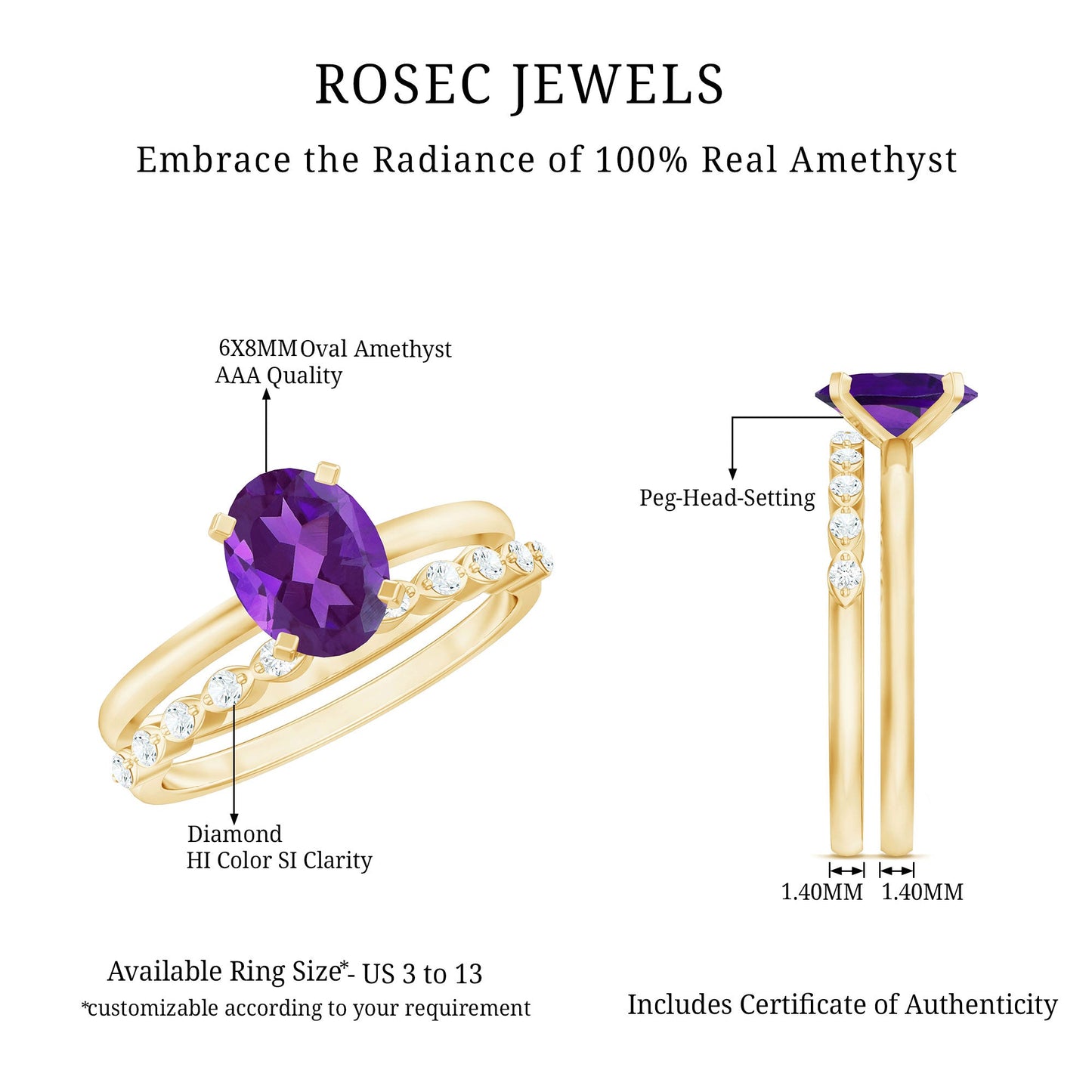 Natural 1 Carat Amethyst Oval Engagement Ring with Diamond Enhancer