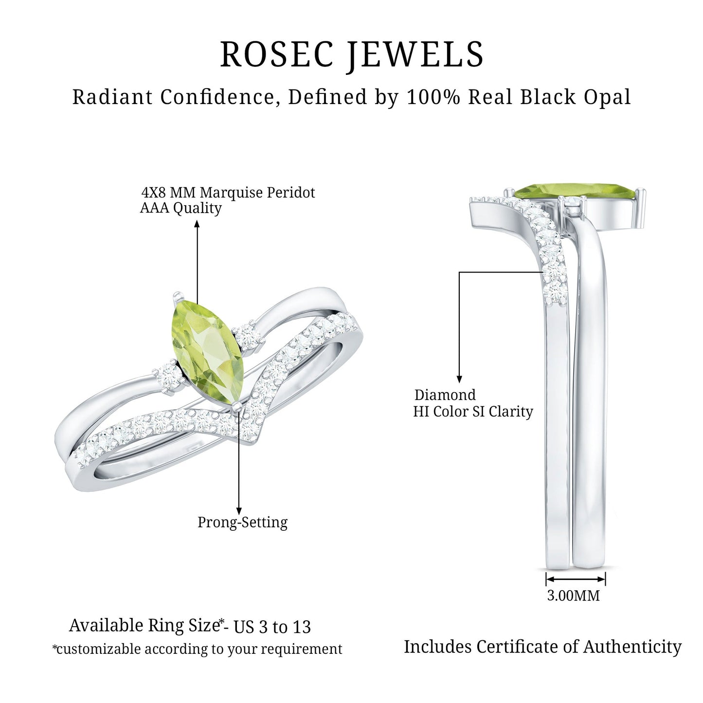 Marquise Cut Peridot Solitaire Wedding Ring Set with Diamond