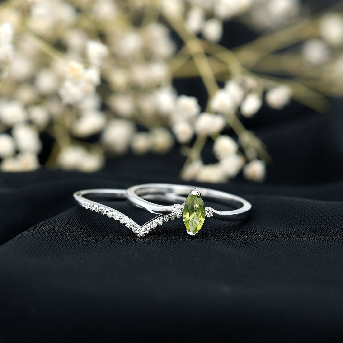 Marquise Cut Peridot Solitaire Wedding Ring Set with Diamond