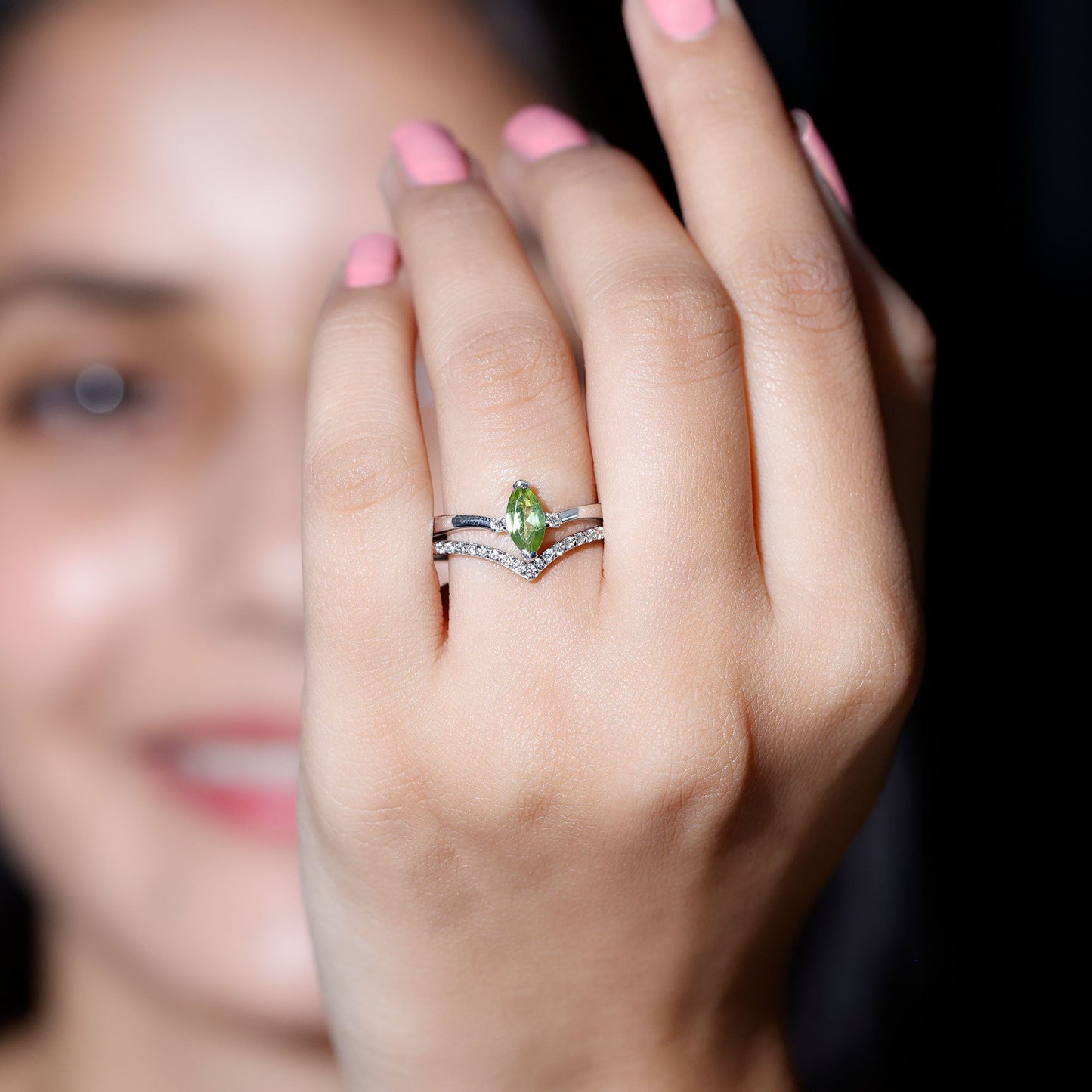 Marquise Cut Peridot Solitaire Wedding Ring Set with Diamond