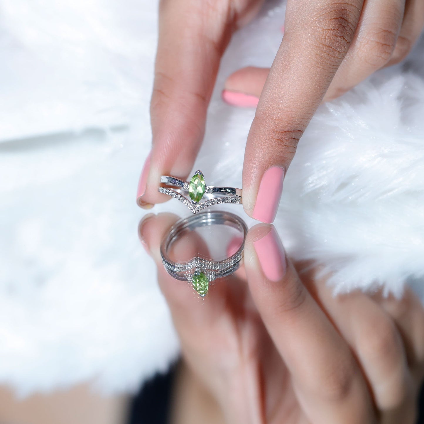 Marquise Cut Peridot Solitaire Wedding Ring Set with Diamond