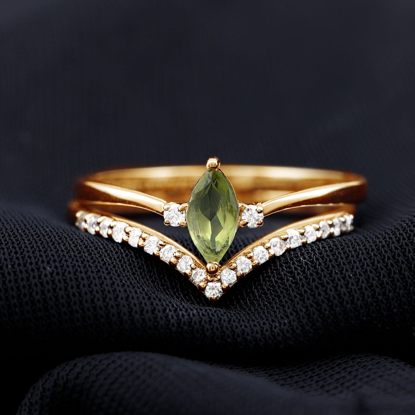 Marquise Cut Peridot Solitaire Wedding Ring Set with Diamond