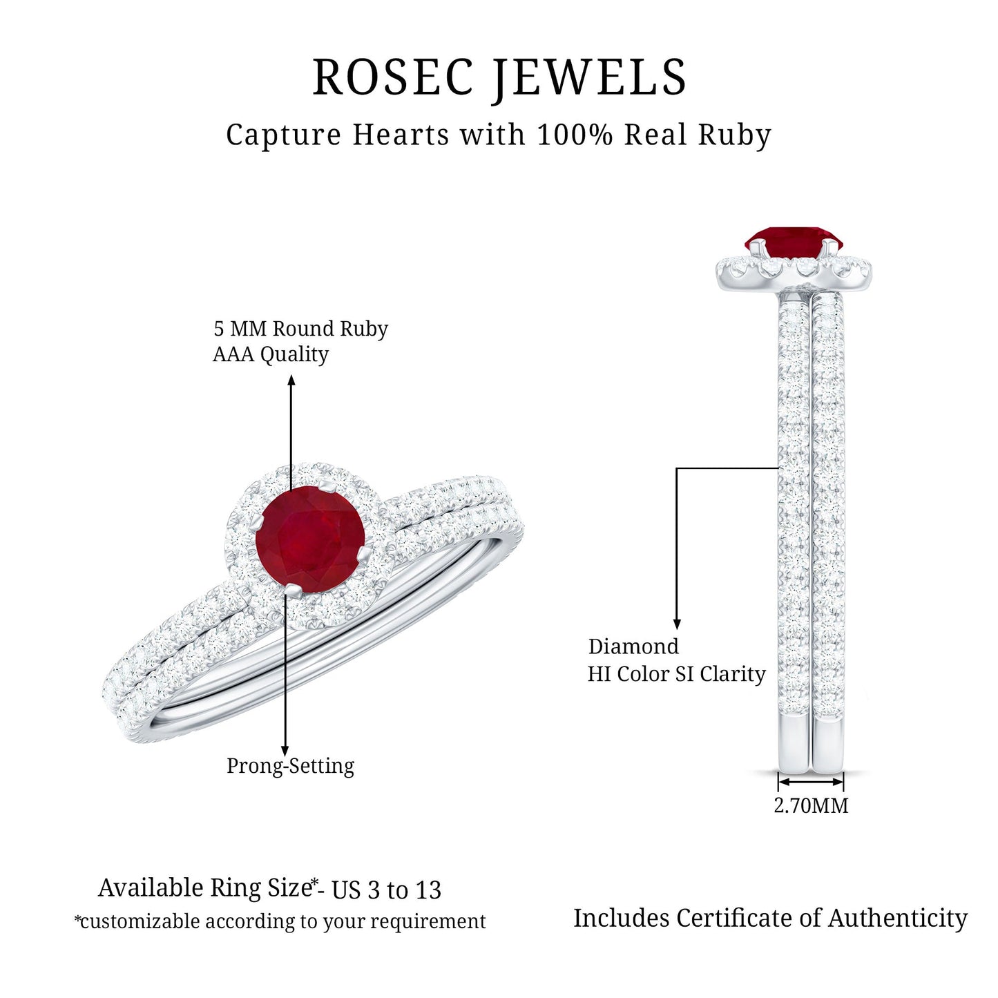 Natural Ruby Wedding Engagement Ring Set with Diamond