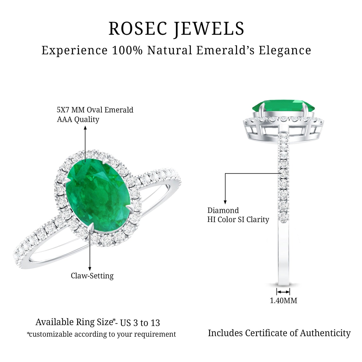 Real 0.7 Carat Oval Emerald Engagement Ring with Diamond Halo