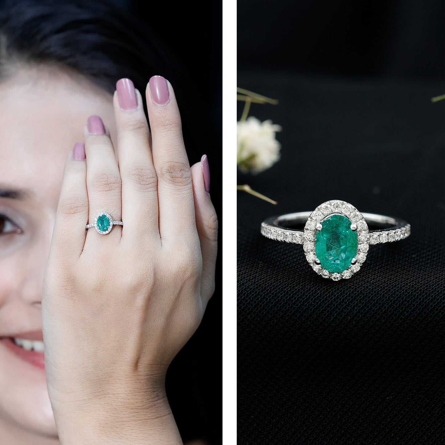 Real 0.7 Carat Oval Emerald Engagement Ring with Diamond Halo