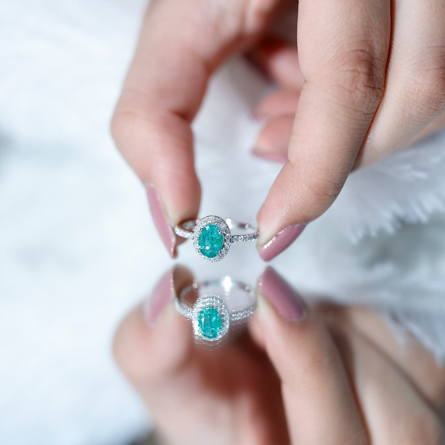 Real 0.7 Carat Oval Emerald Engagement Ring with Diamond Halo