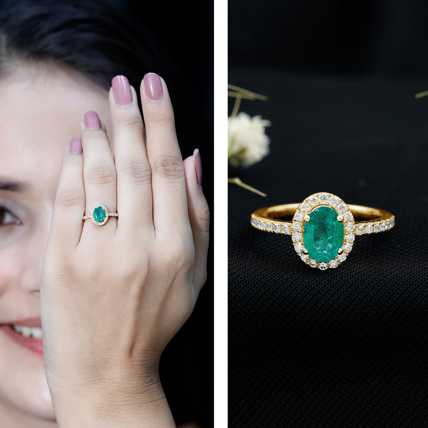 Real 0.7 Carat Oval Emerald Engagement Ring with Diamond Halo