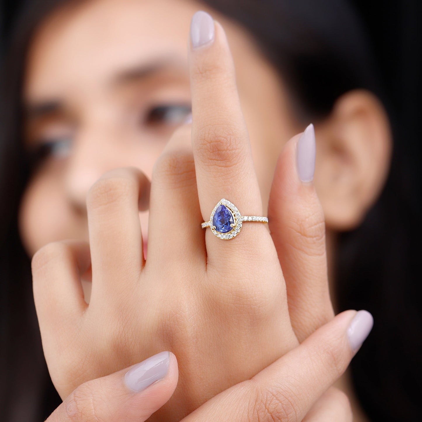 Real Pear Shape Tanzanite Teardrop Engagement Ring with Diamond Halo