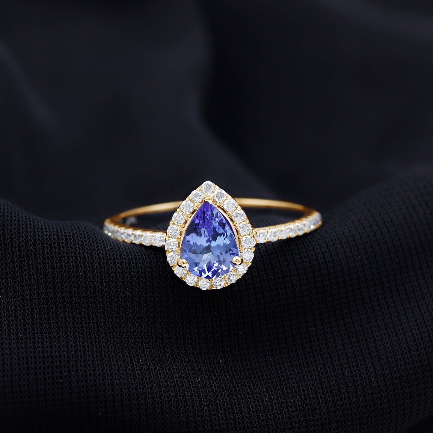 Real Pear Shape Tanzanite Teardrop Engagement Ring with Diamond Halo