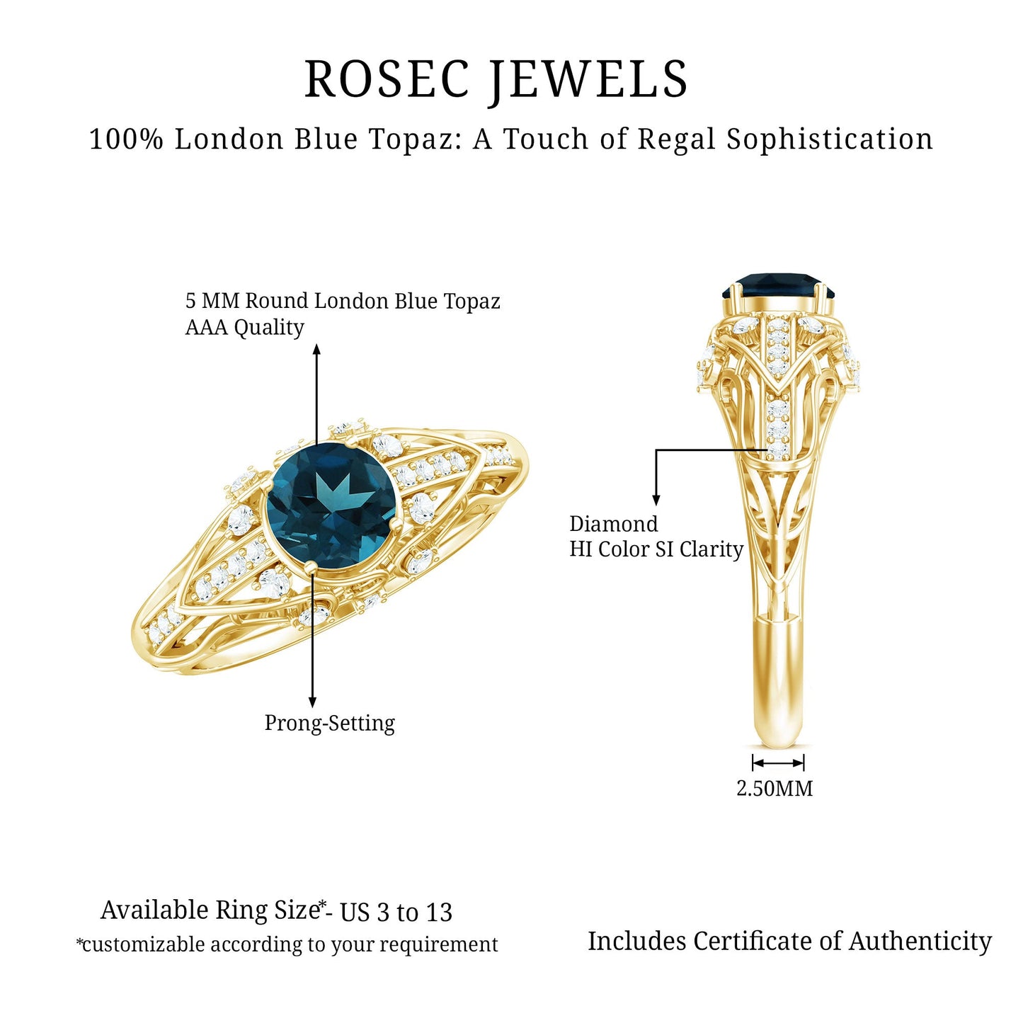 Vintage Looking London Blue Topaz and Diamond Engagement Ring With Certificate