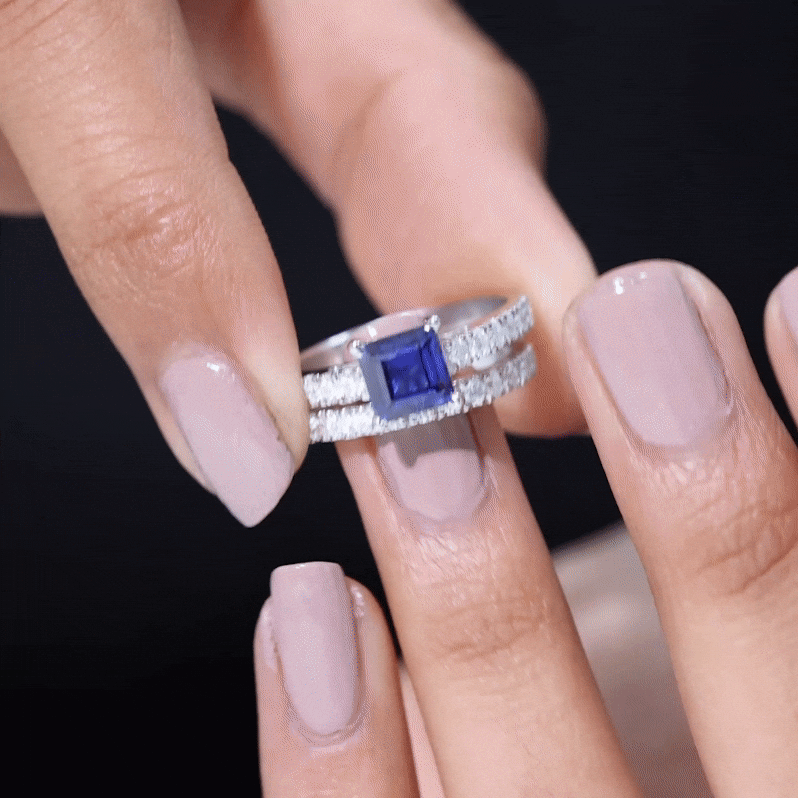 Certified Lab Grown Blue Sapphire Princess Cut Engagement Ring Set with Moissanite
