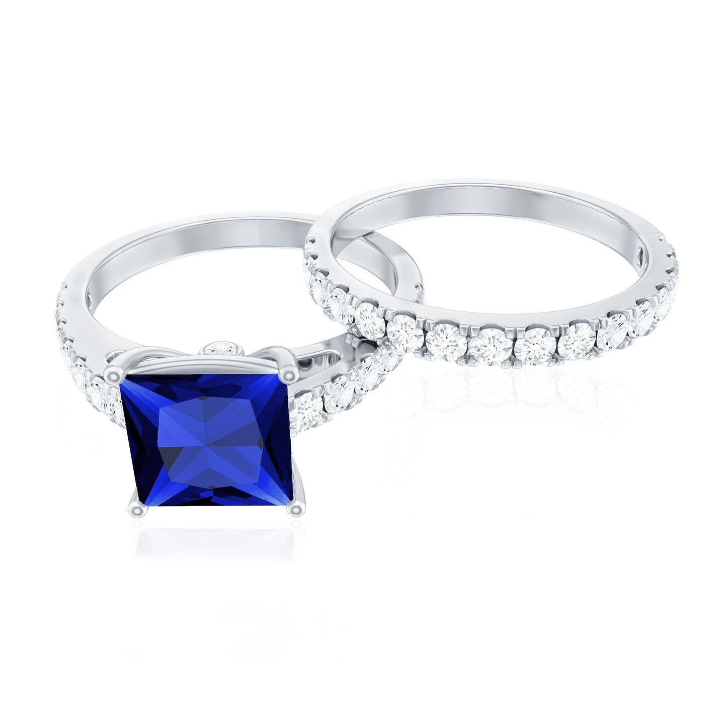 Certified Lab Grown Blue Sapphire Princess Cut Engagement Ring Set with Moissanite