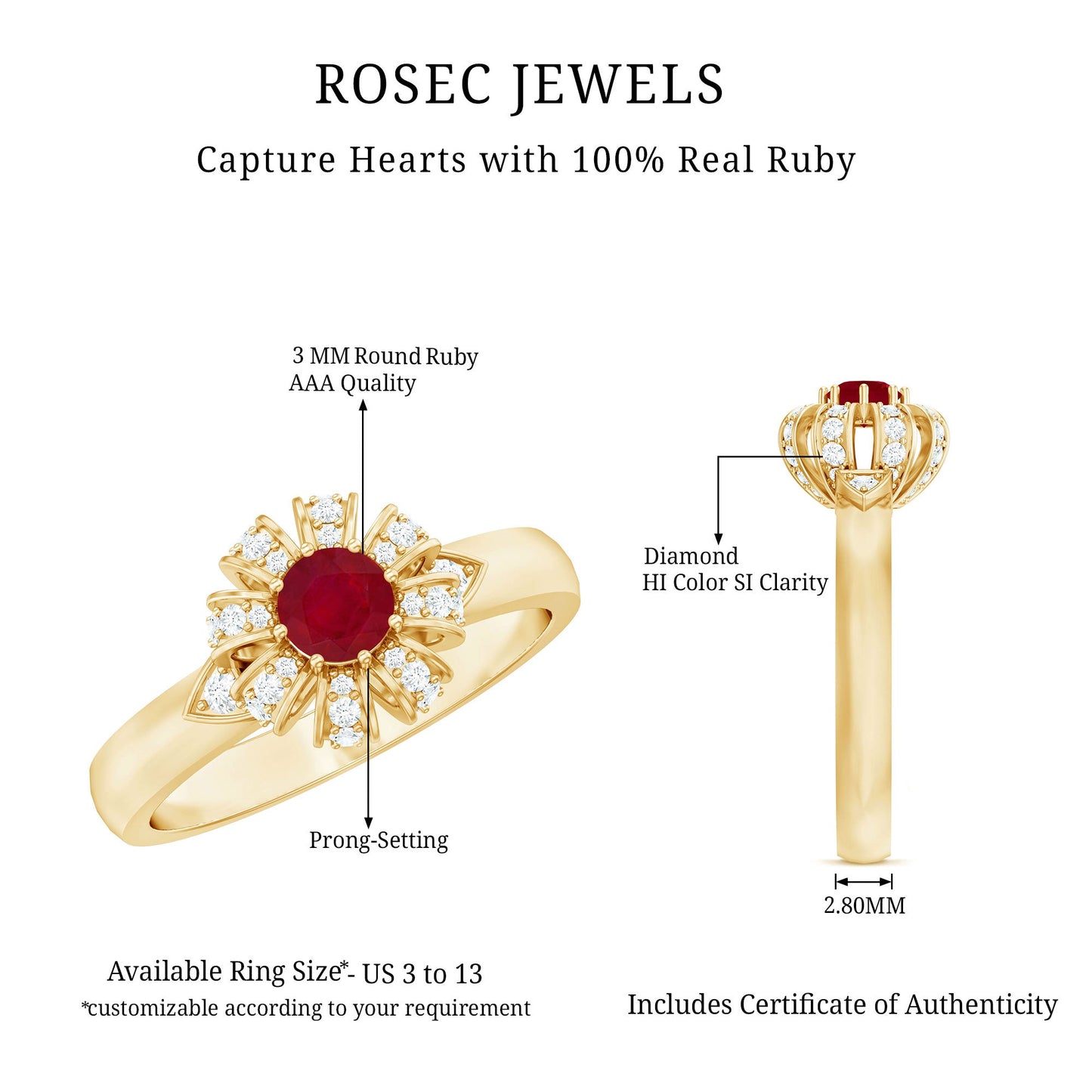 Natural Ruby Flower Promise Ring with Diamond