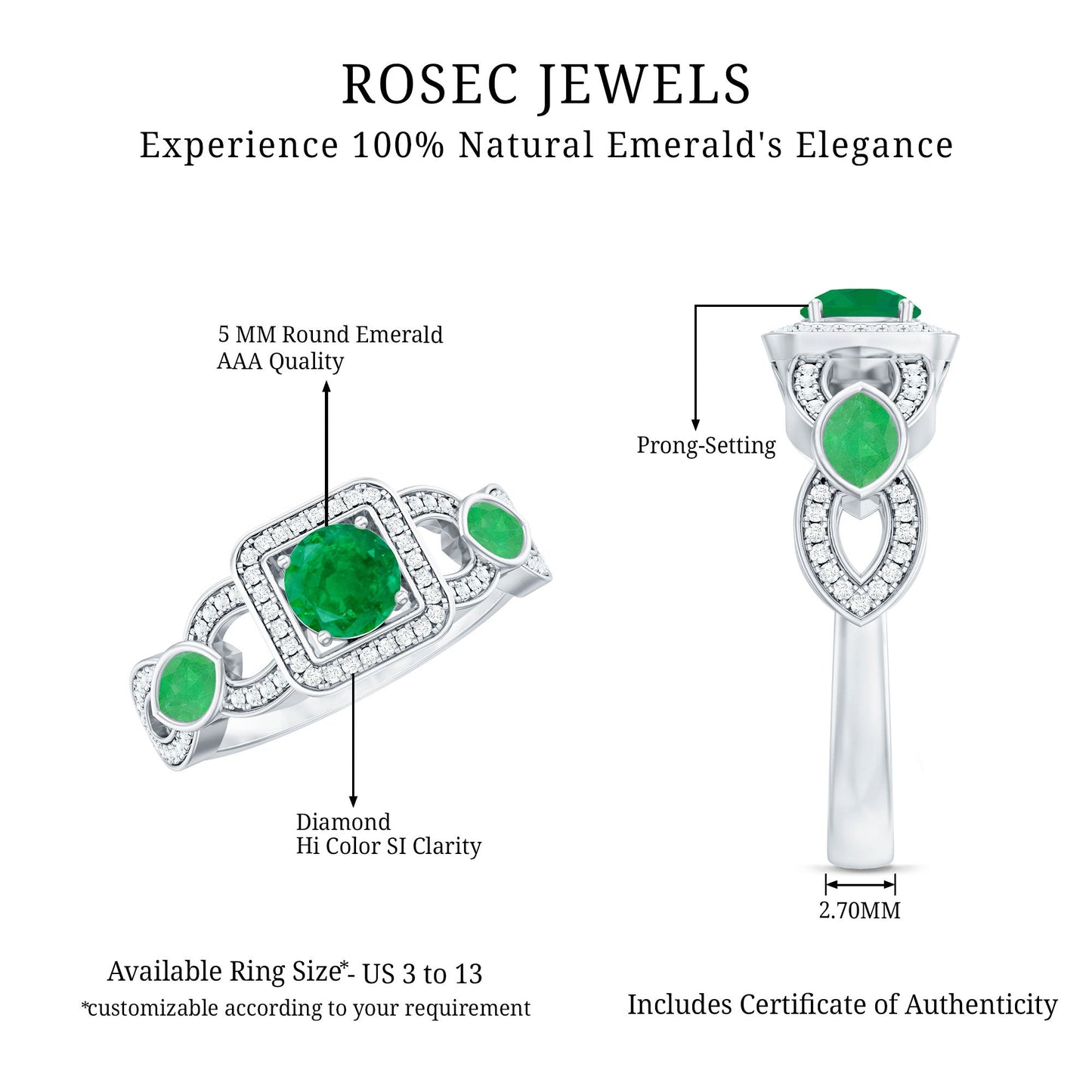 Natural Emerald Diamond Vintage Looking Engagement Ring