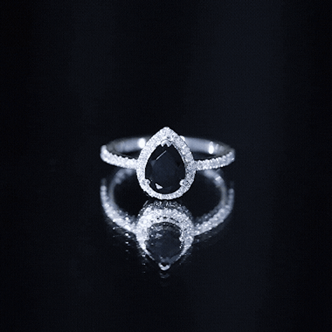 1 Carat Pear Shaped Black Onyx Engagement Ring with Real Diamond Halo