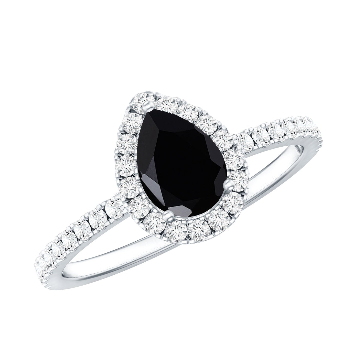 1 Carat Pear Shaped Black Onyx Engagement Ring with Real Diamond Halo