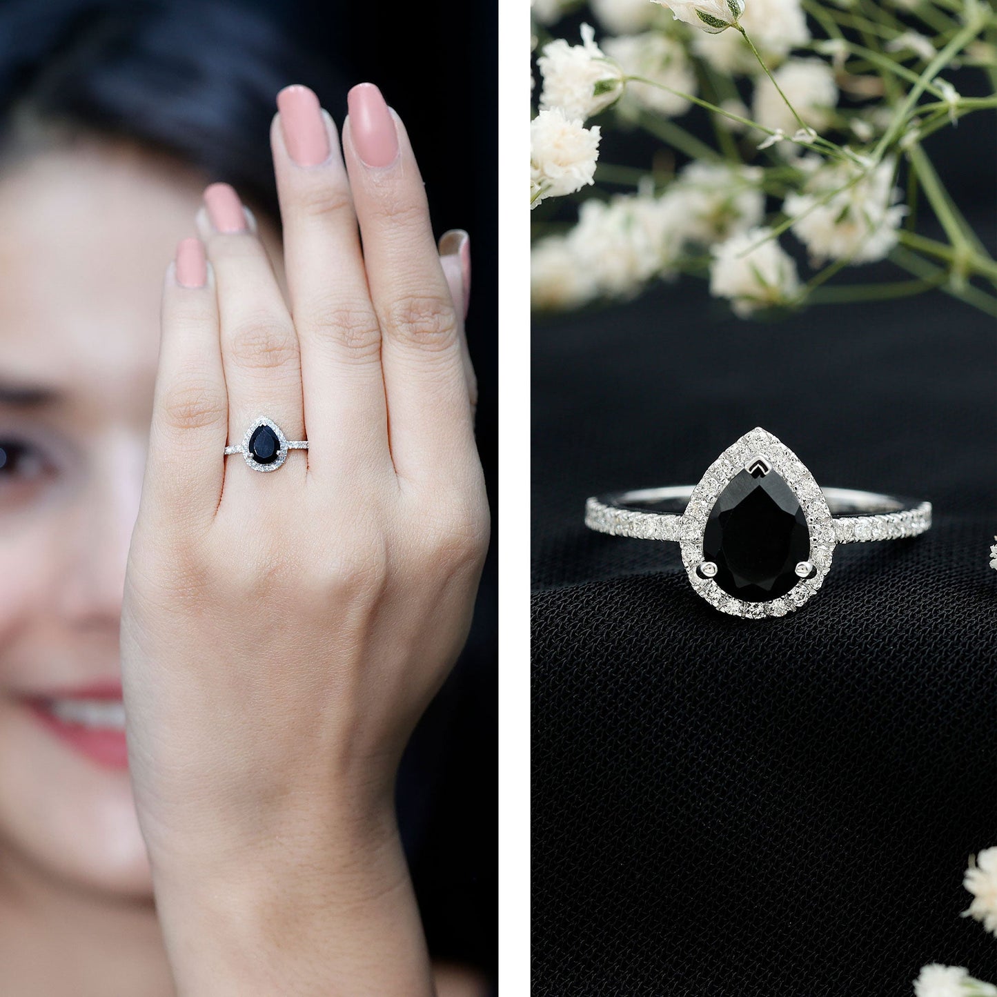 1 Carat Pear Shaped Black Onyx Engagement Ring with Real Diamond Halo