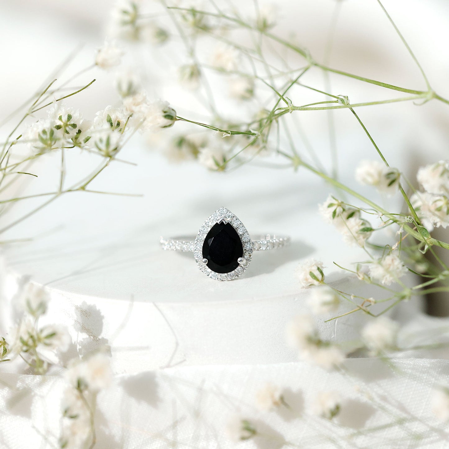 1 Carat Pear Shaped Black Onyx Engagement Ring with Real Diamond Halo