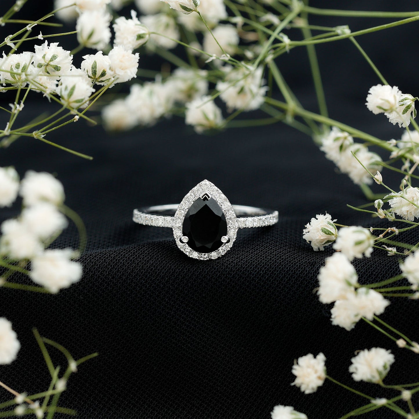1 Carat Pear Shaped Black Onyx Engagement Ring with Real Diamond Halo
