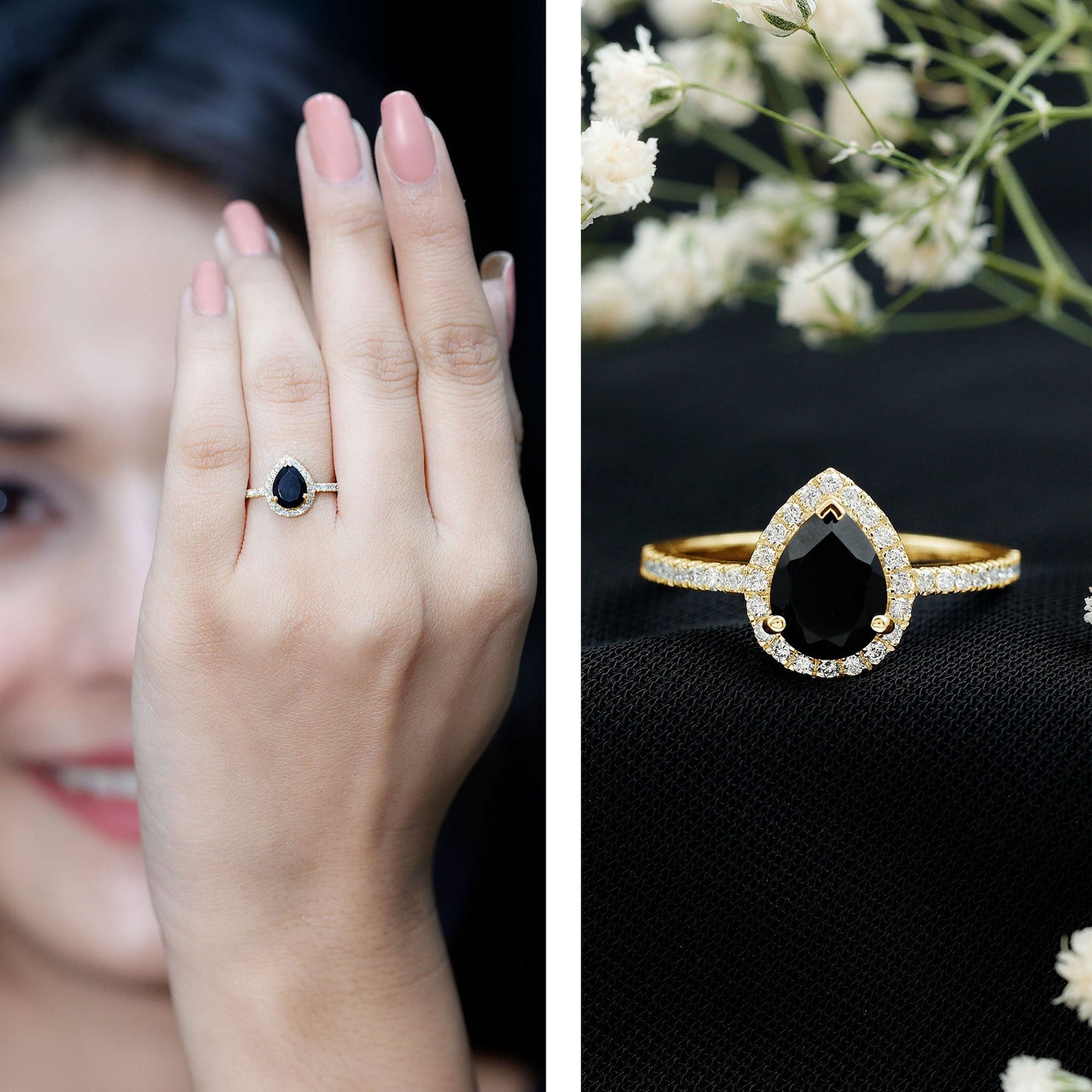 1 Carat Pear Shaped Black Onyx Engagement Ring with Real Diamond Halo