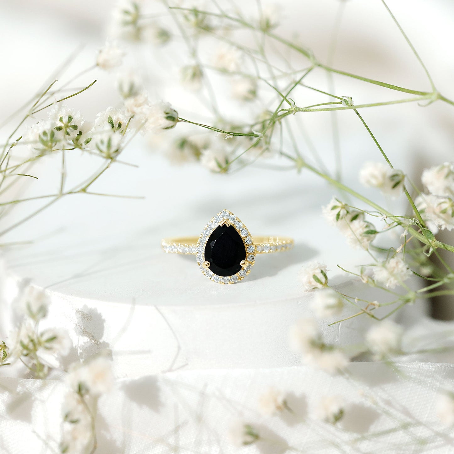 1 Carat Pear Shaped Black Onyx Engagement Ring with Real Diamond Halo