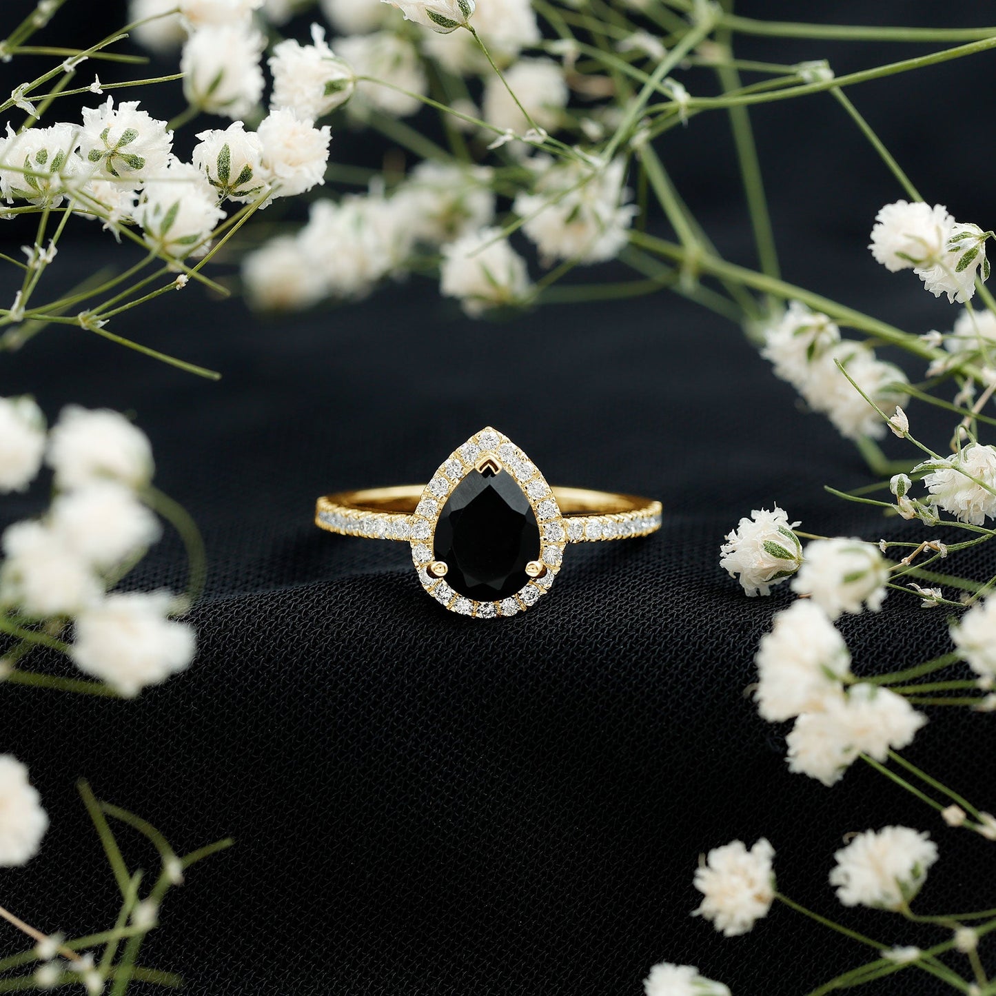 1 Carat Pear Shaped Black Onyx Engagement Ring with Real Diamond Halo