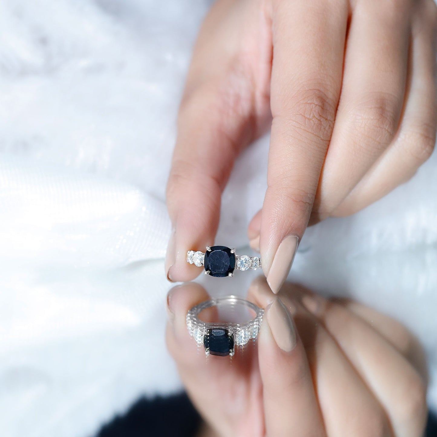 Certified 2.8 Carat Lab Grown Black Diamond Cushion Cut Engagement Ring with Side Stones